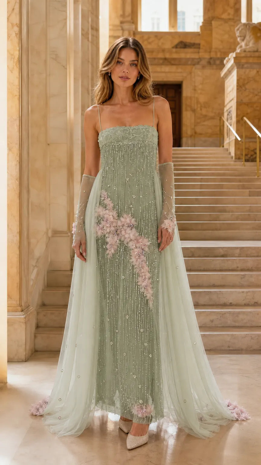 Embellished Tulle Evening Gown with Floral Appliqué