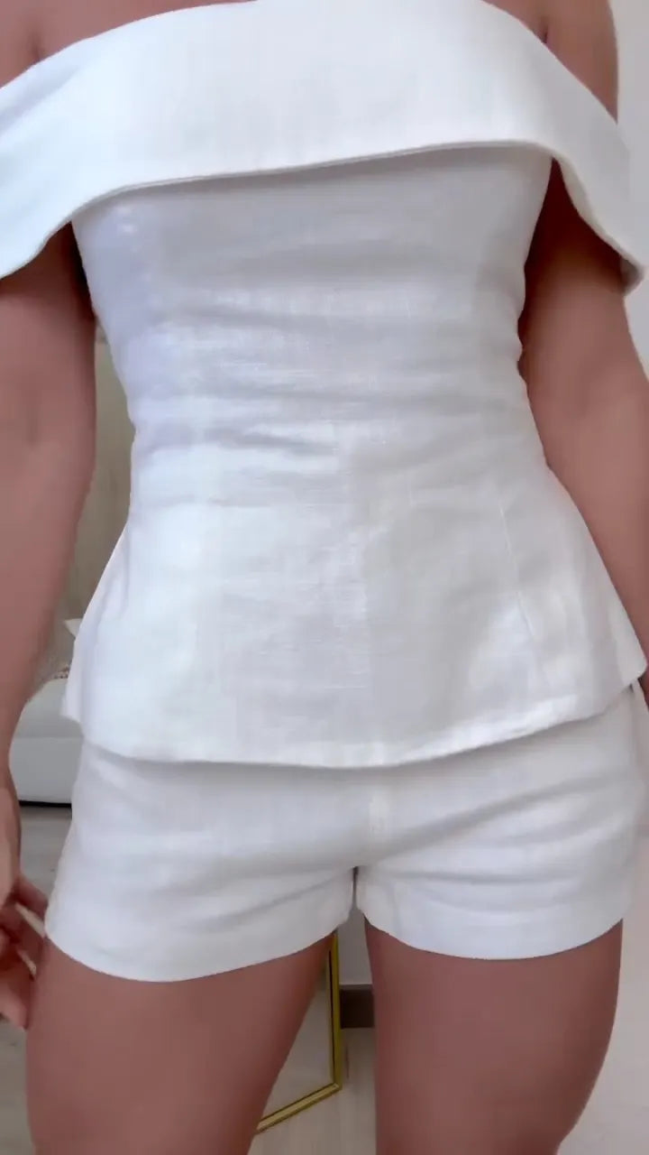 White Off‐Shoulder Linen Short Set
