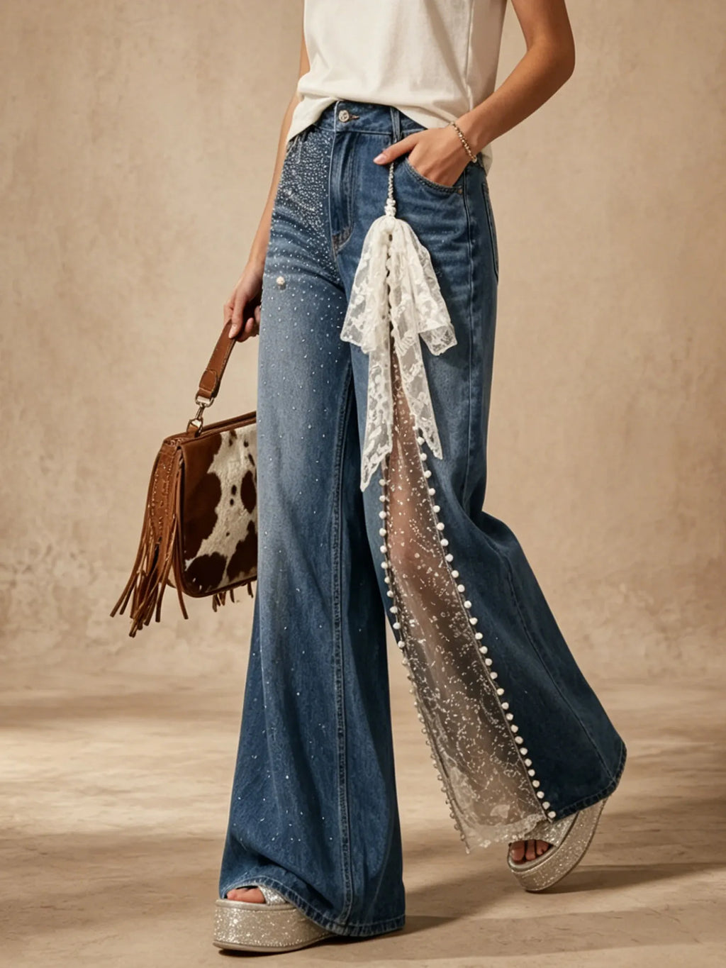 Perfect For A Chic Western Date Night — Vintage Blue Hollow-Out Lace Trim Rhinestone Denim Blend Women'S Flared Jeans (Includes Lace Belt)