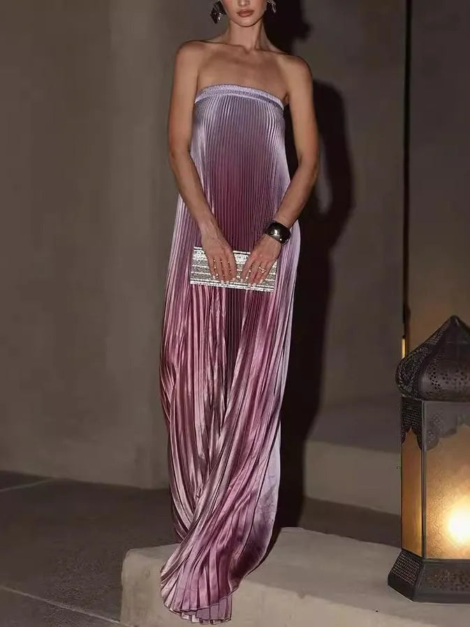 Gradient Strapless Pleated Sleeveless Dress