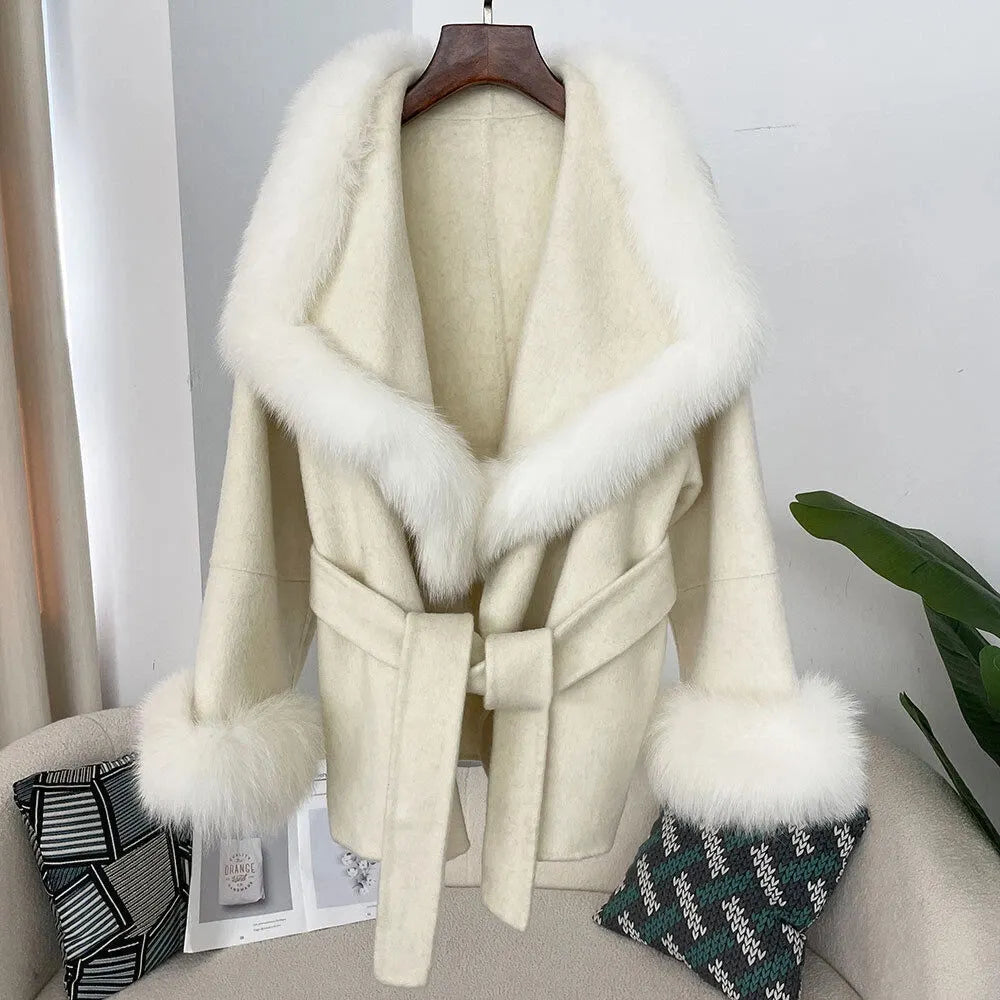 Faux Fur Collar Belted Wool Blend Coat
