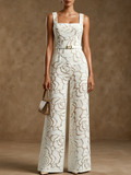 Women White Jacquard Square Neck Sleeveless Elegant Jumpsuit