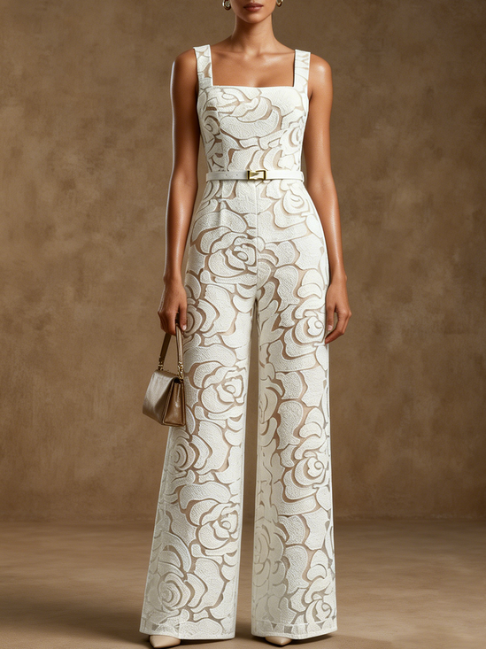 Women White Jacquard Square Neck Sleeveless Elegant Jumpsuit