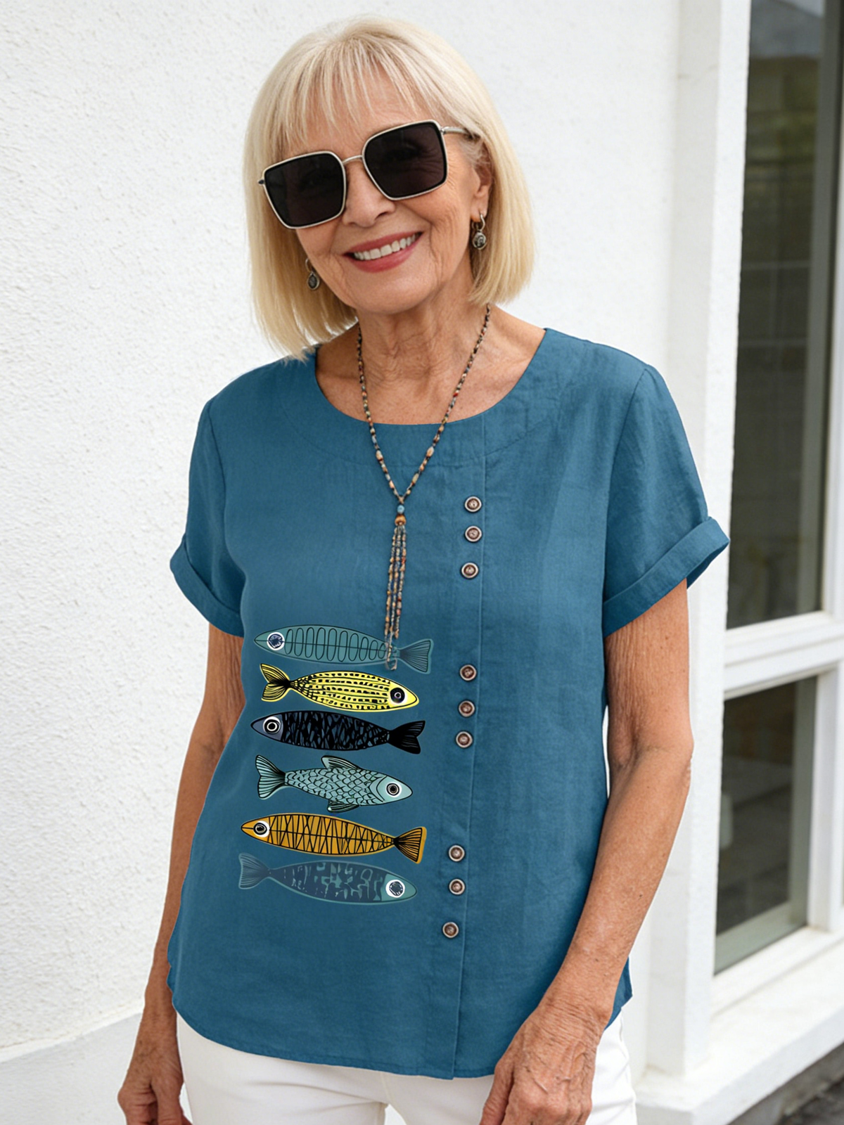 Cotton and Linen Printed Shirt Women