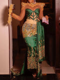 Round-Neck Floral Printed See-Through Split-Joint Wrap Maxi Dress