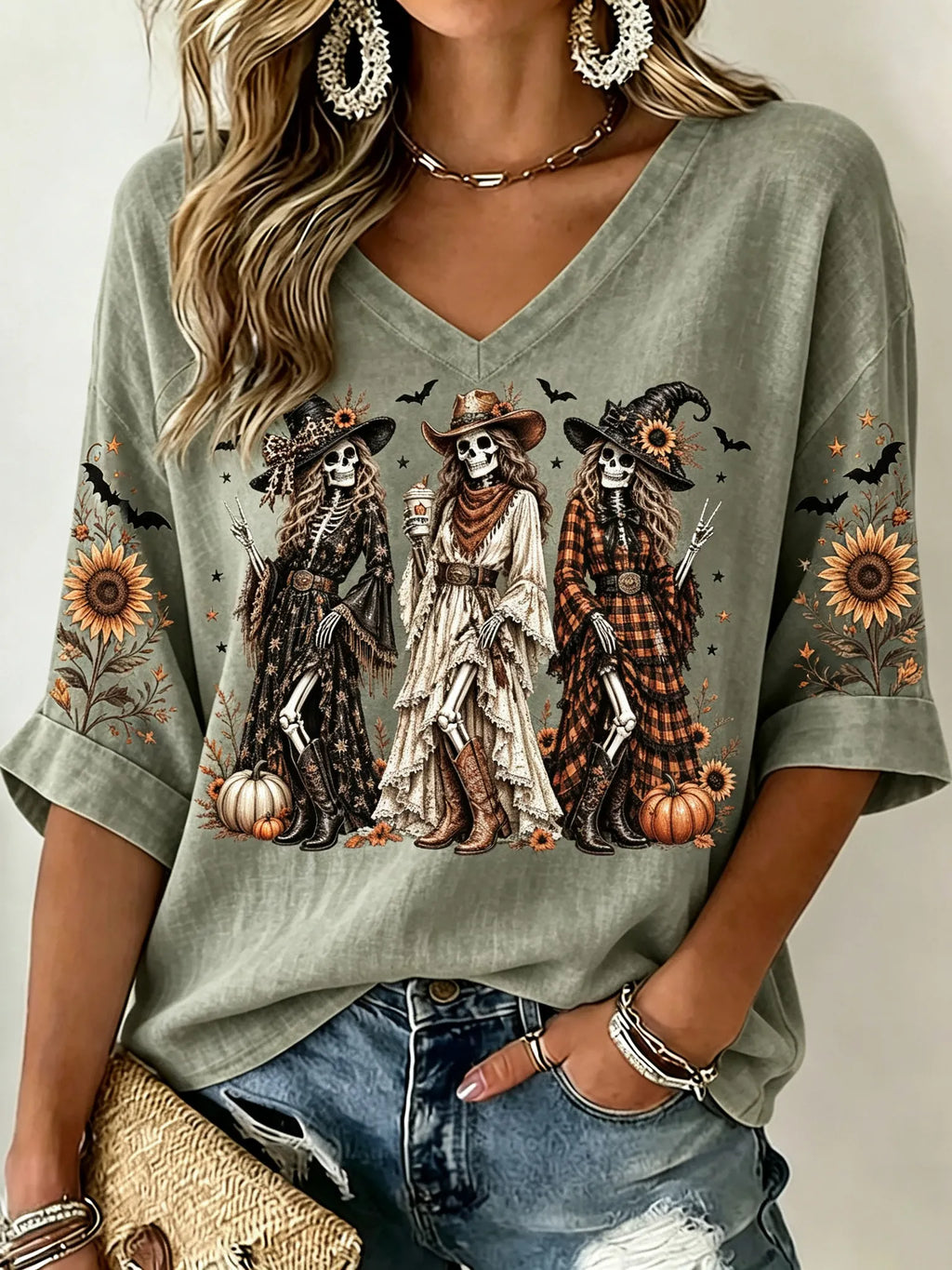 Women's Retro Halloween Floral Skull Print Mid-length Sleeve V-neck T-shirt