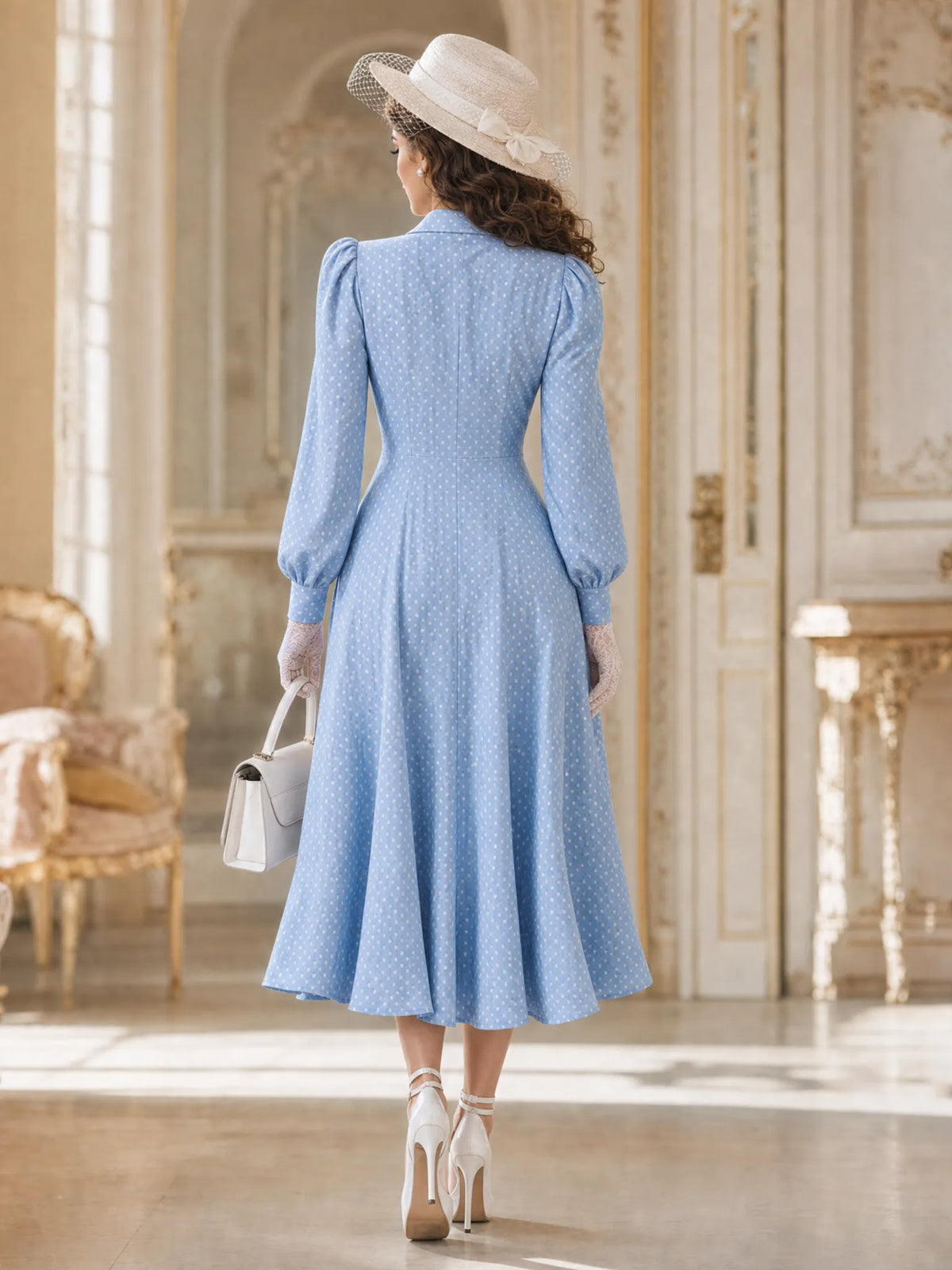 Vintage Polka Dot Lace Collar Puff Sleeve Button‑Down Midi Dress
