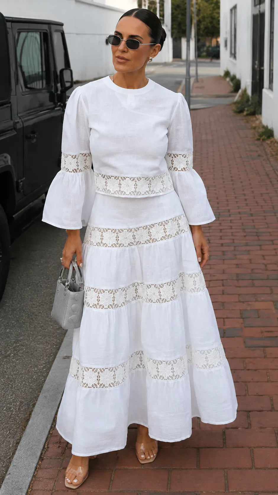 White Lace Insert Two‐Piece Maxi Skirt Set