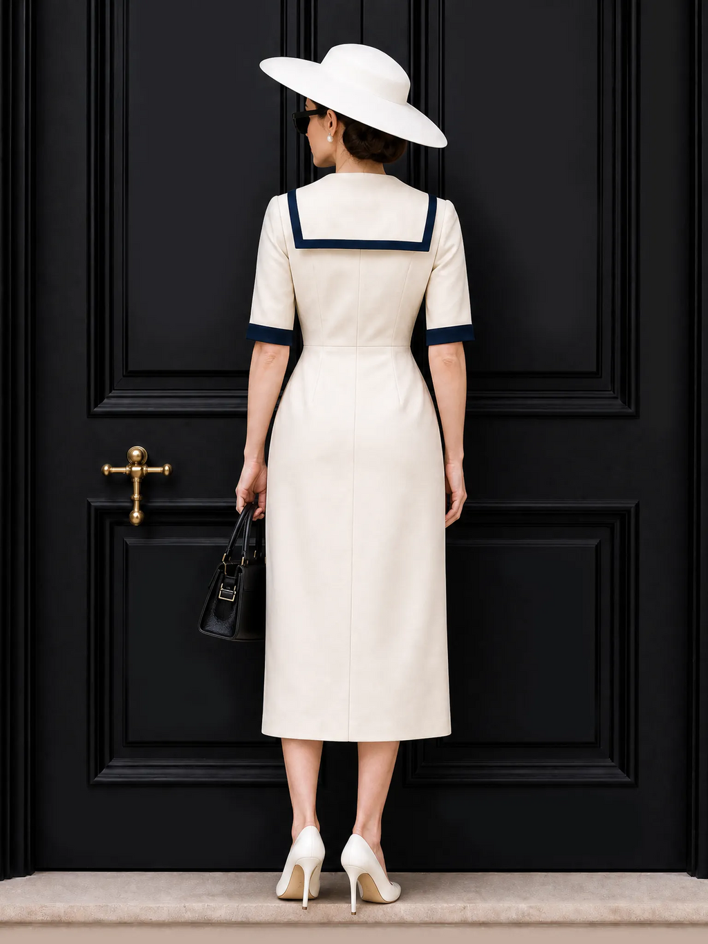 Vintage Sailor Collar Bow Tie Midi Dress