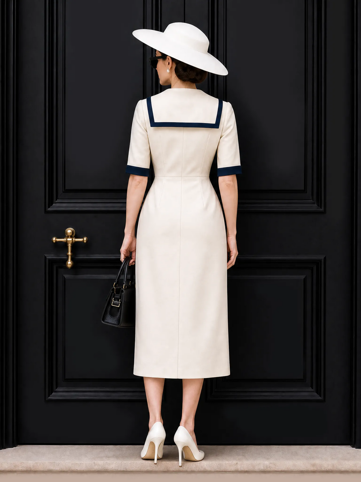 Vintage Sailor Collar Bow Tie Midi Dress