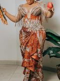 Fashion V-Neck Floral Printed Beaded Embroidered Tasseled Maxi Dress