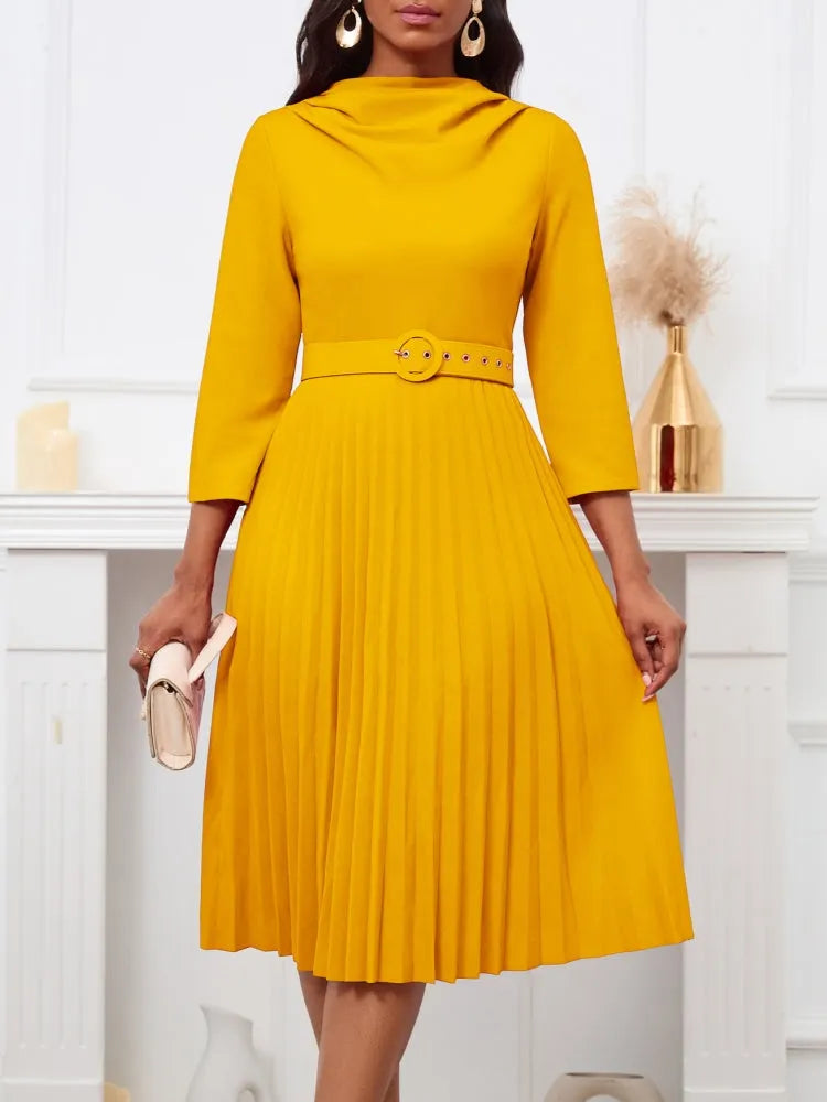Elegant Solid Color Pleated Dress with Belt