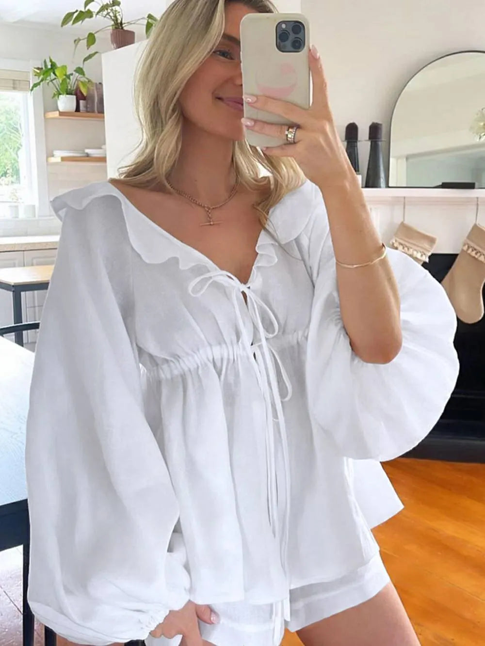 Ruffles Lace Up Long Sleeve Shorts Set