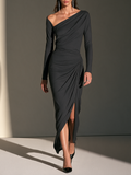 Women's Asymmetric-Neck Long-Sleeve Ruched Slit Bodycon Maxi Dress MDZ2748H8CMX