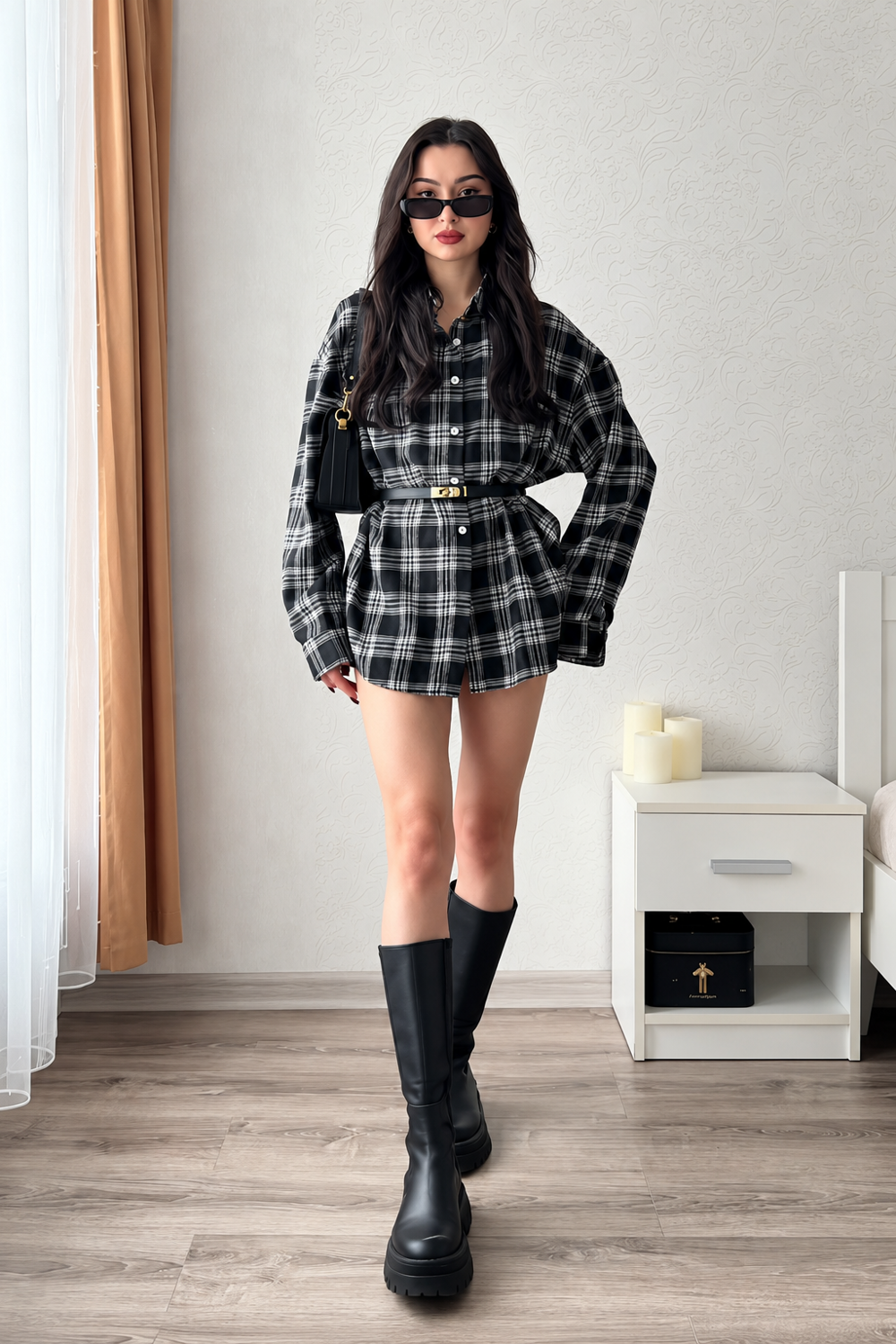 black-grey-plaid-belted-shacket-oversized-plaid-shirt-jacket