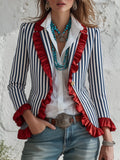 Retro Classic Striped Color-blocked Ruffled Blazer