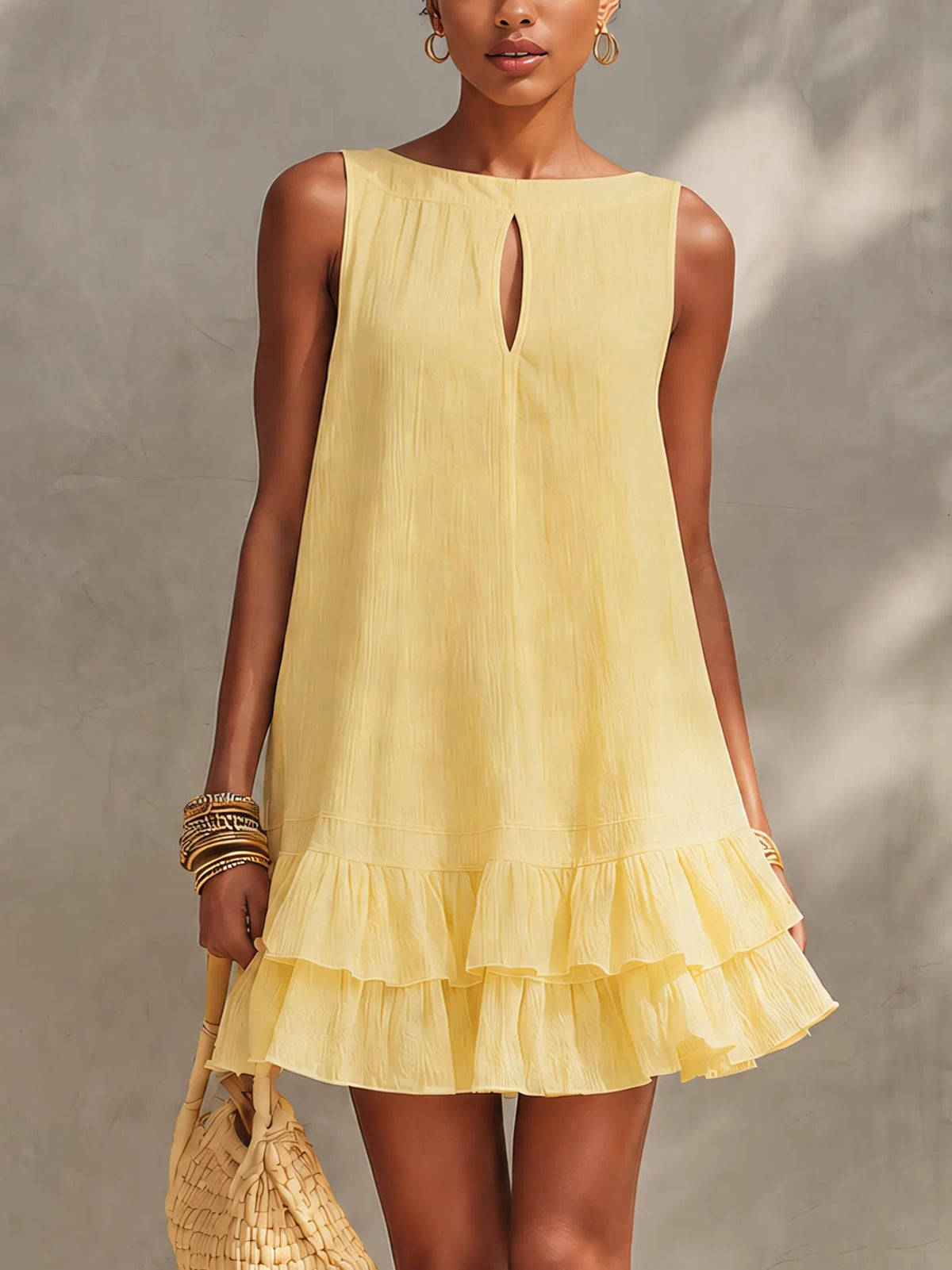 Yellow Textured Sleeveless Mini Dress With Ruffle Hem