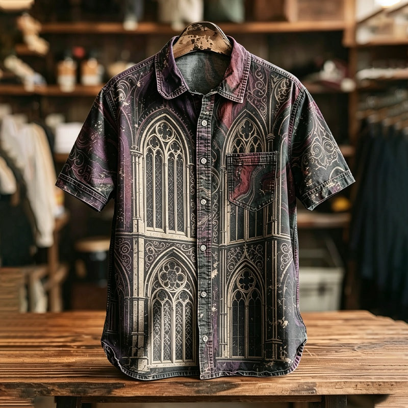 Men's Gothic Halloween Castle Window Pattern Short-sleeve Shirt