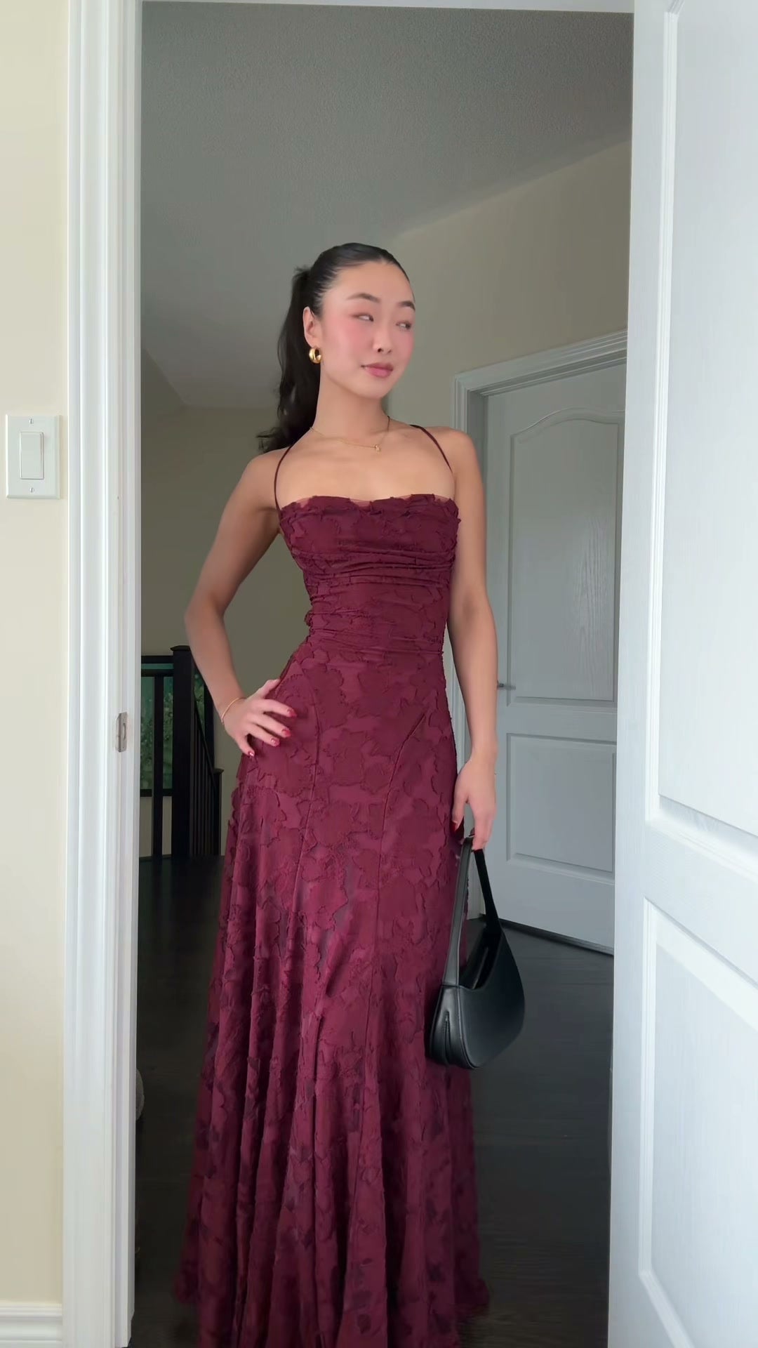 burgundy-jacquard-lace-up-gown-strapless-fit-and-flare-maxi-dress