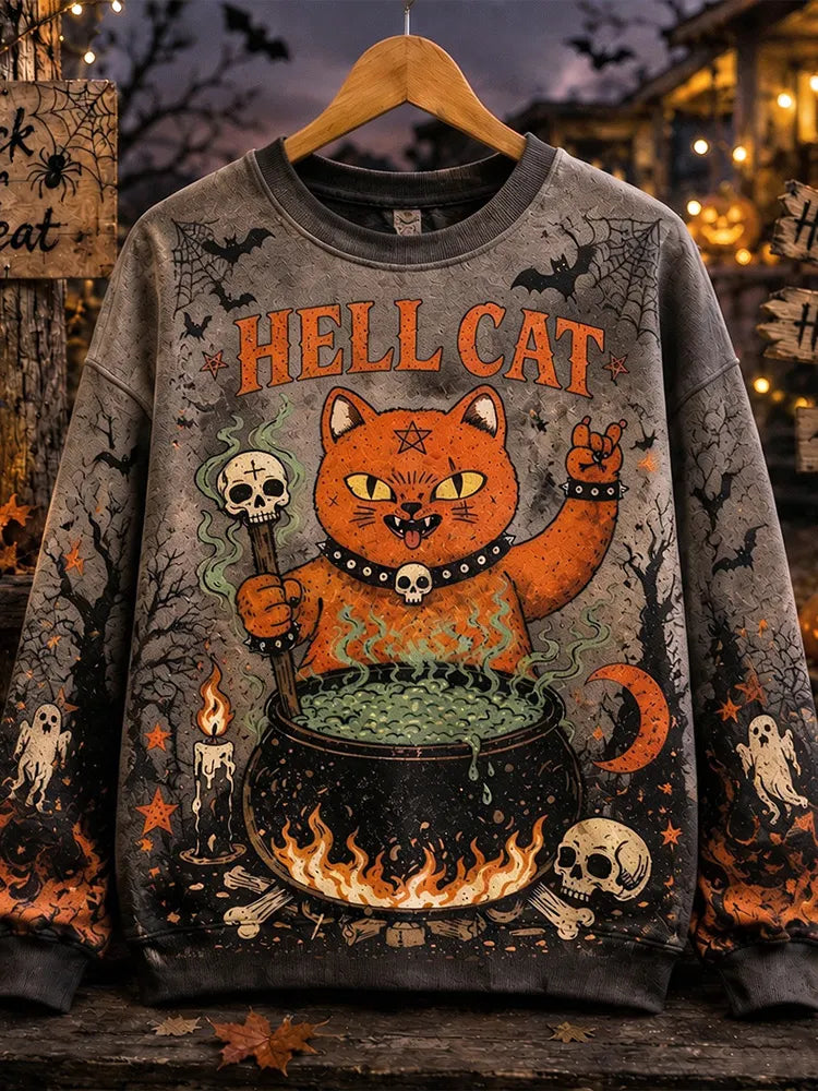 Vintage Distressed Gothic Halloween Ghost Pumpkin Orange Devil Cat Sweatshirt