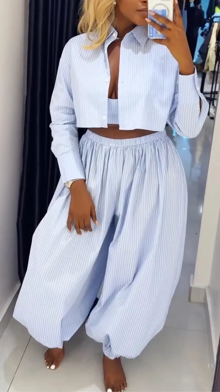 Women's Striped Lapel 3-piece Set