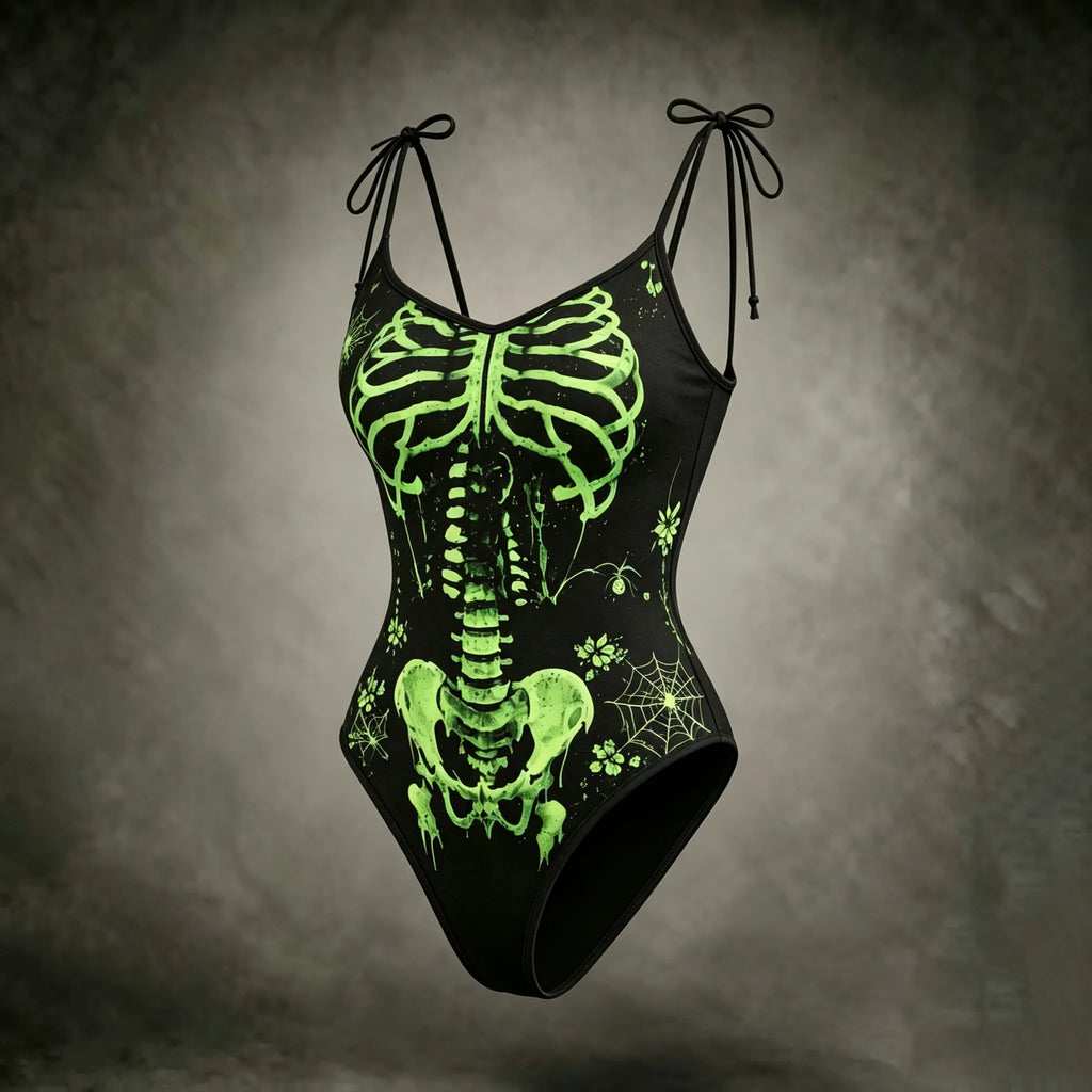 Women's Dark Retro Halloween Skeleton Spider Web Floral Print Three-piece Set