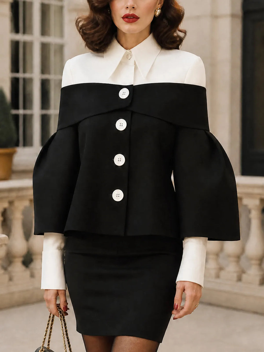 Vintage Black White Foldover-Collar Bell-Sleeve Button Jacket