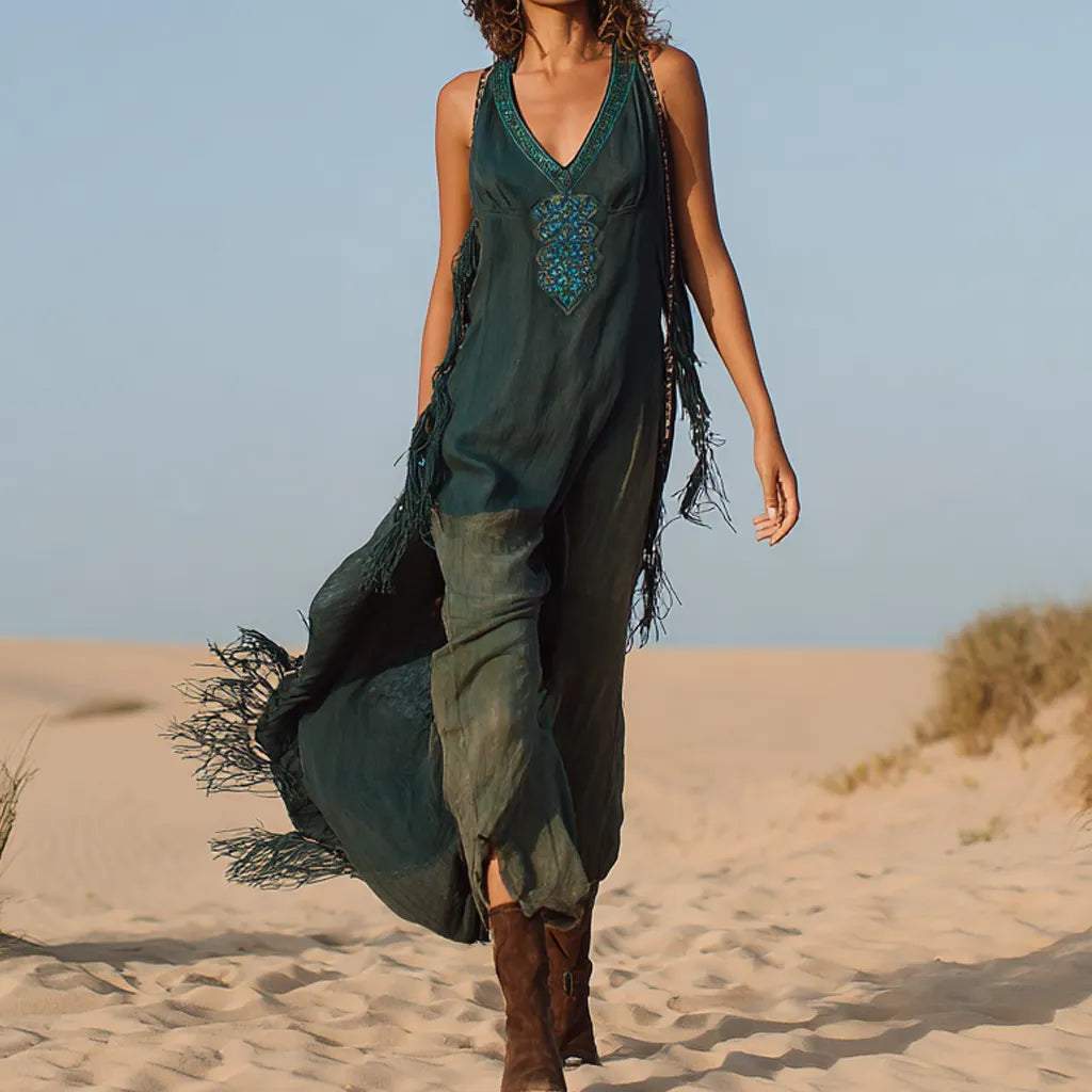 Boho Chic Cotton Linen Blend Maxi Dress With Embroidery And Tassels For Women