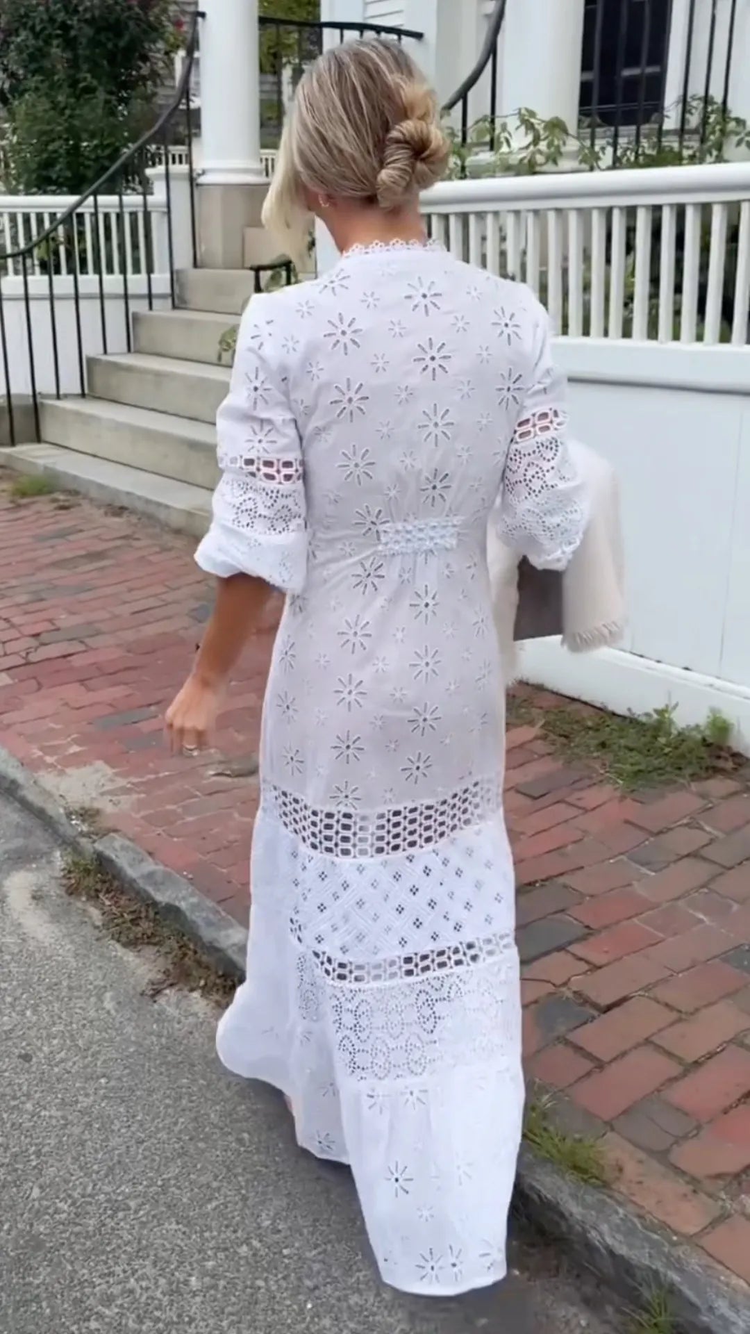 White Eyelet Button‐Front Maxi Dress