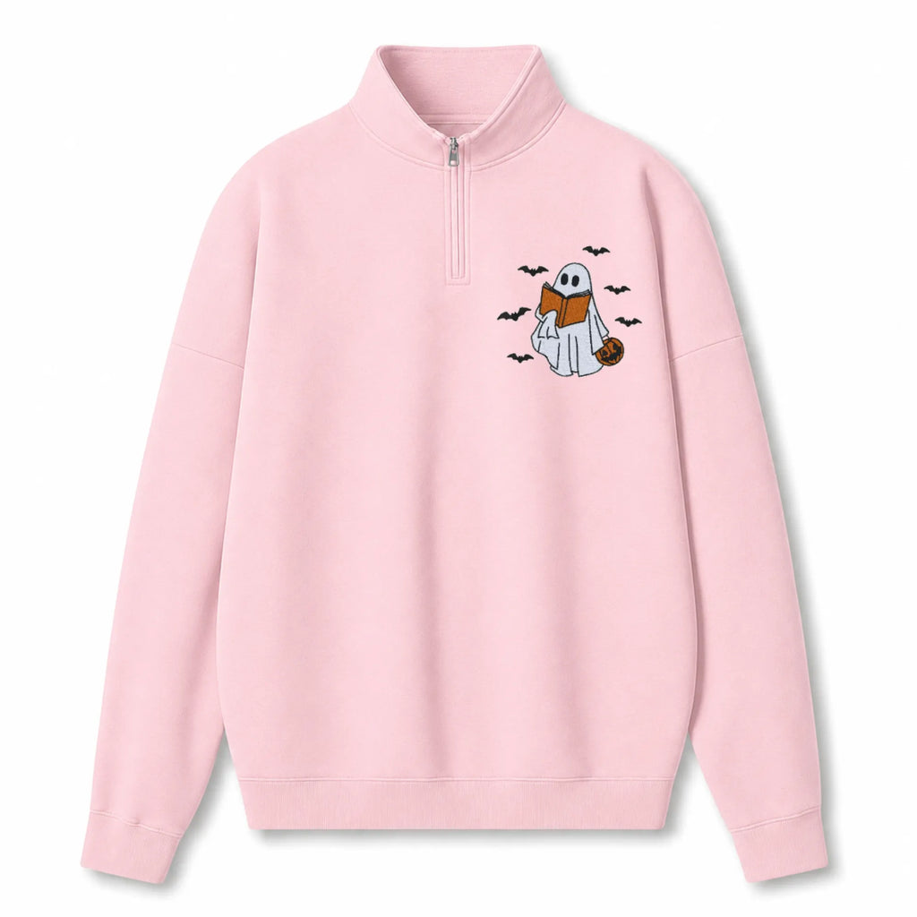 Chaotic Club Embroided Reading Ghost Pumpkin Pastel Pink Quarter Zip Sweatshirt