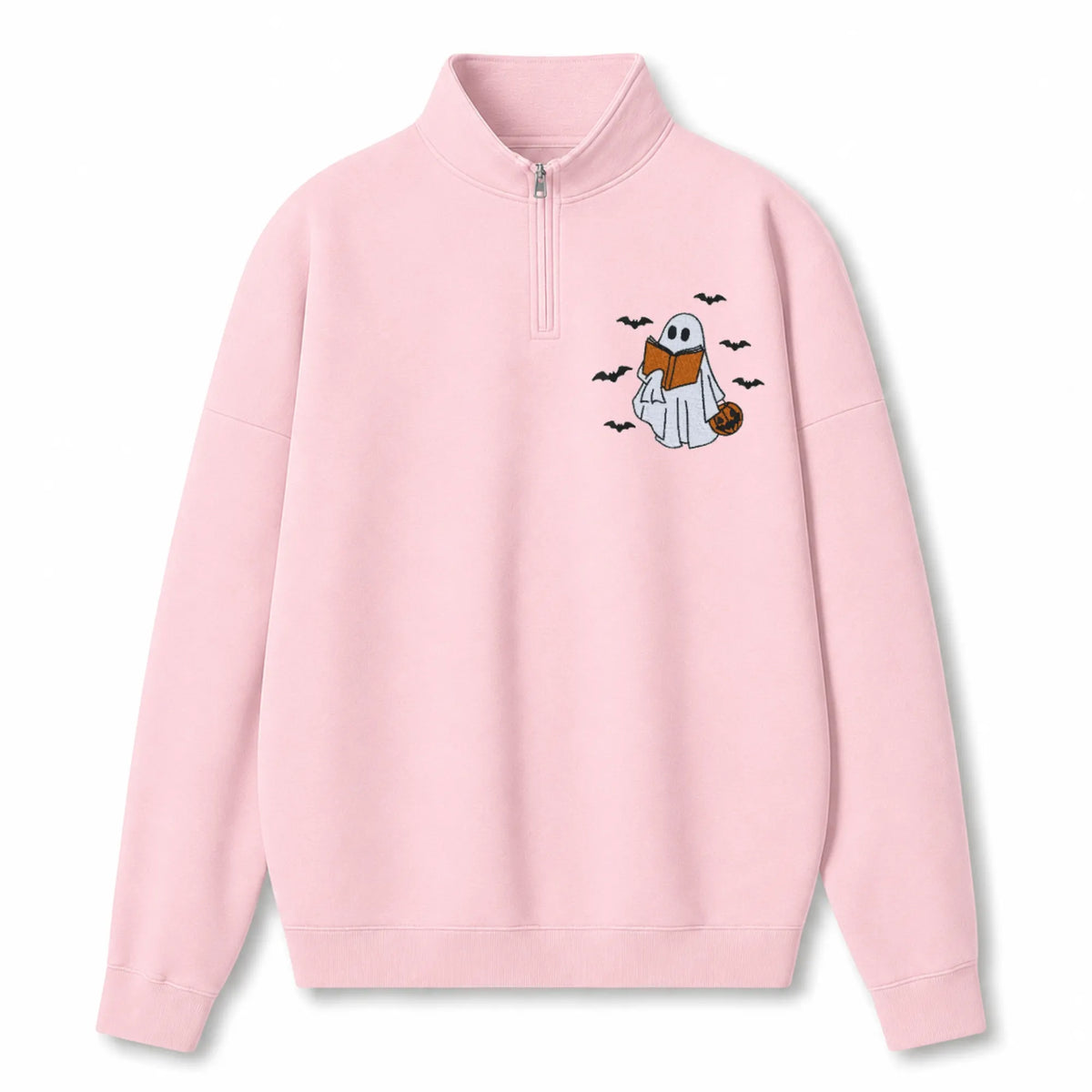 Chaotic Club Embroided Reading Ghost Pumpkin Pastel Pink Quarter Zip Sweatshirt