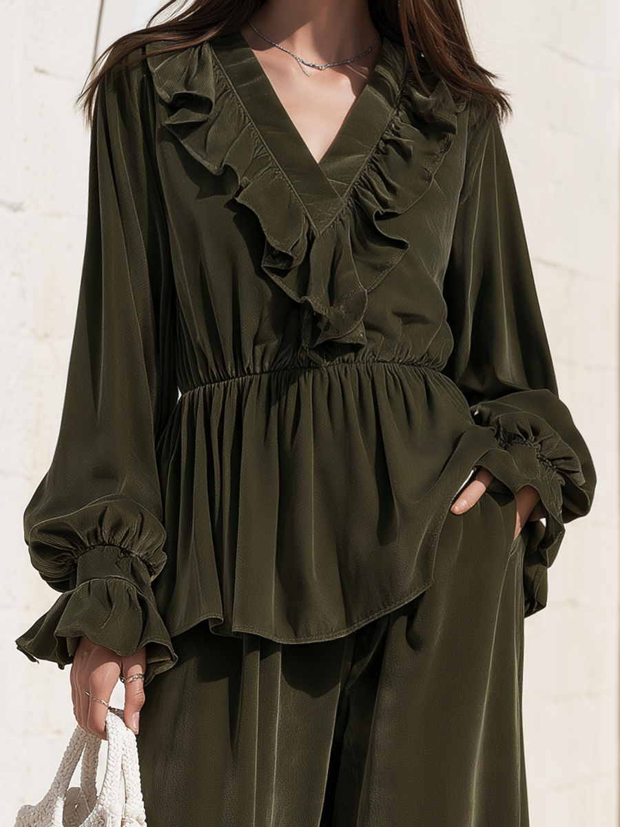 Olive Green Satin Ruffle V Neck Peplum Blouse And Flowing Wide Leg Pants Two Piece Set