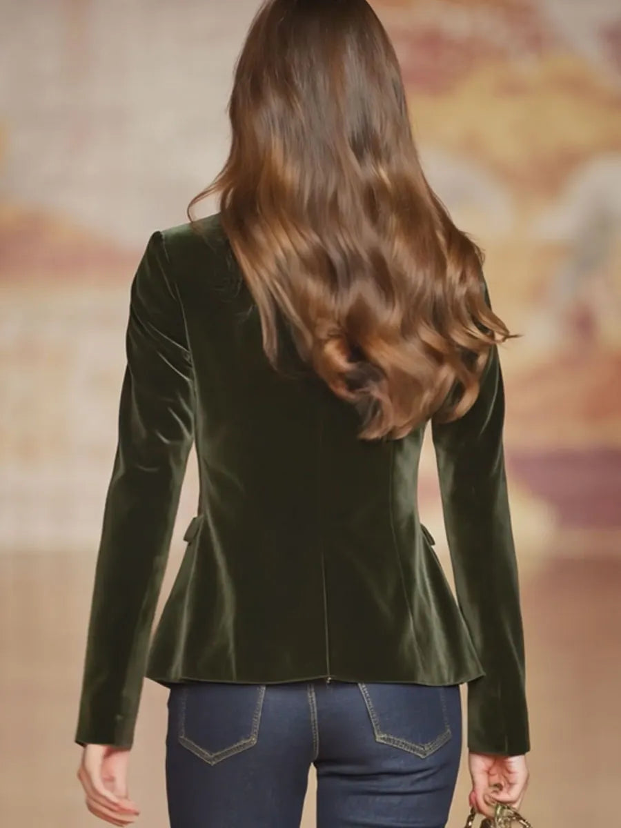 Elegant Retro Gold-buttoned Dark Green Velvet Blazer