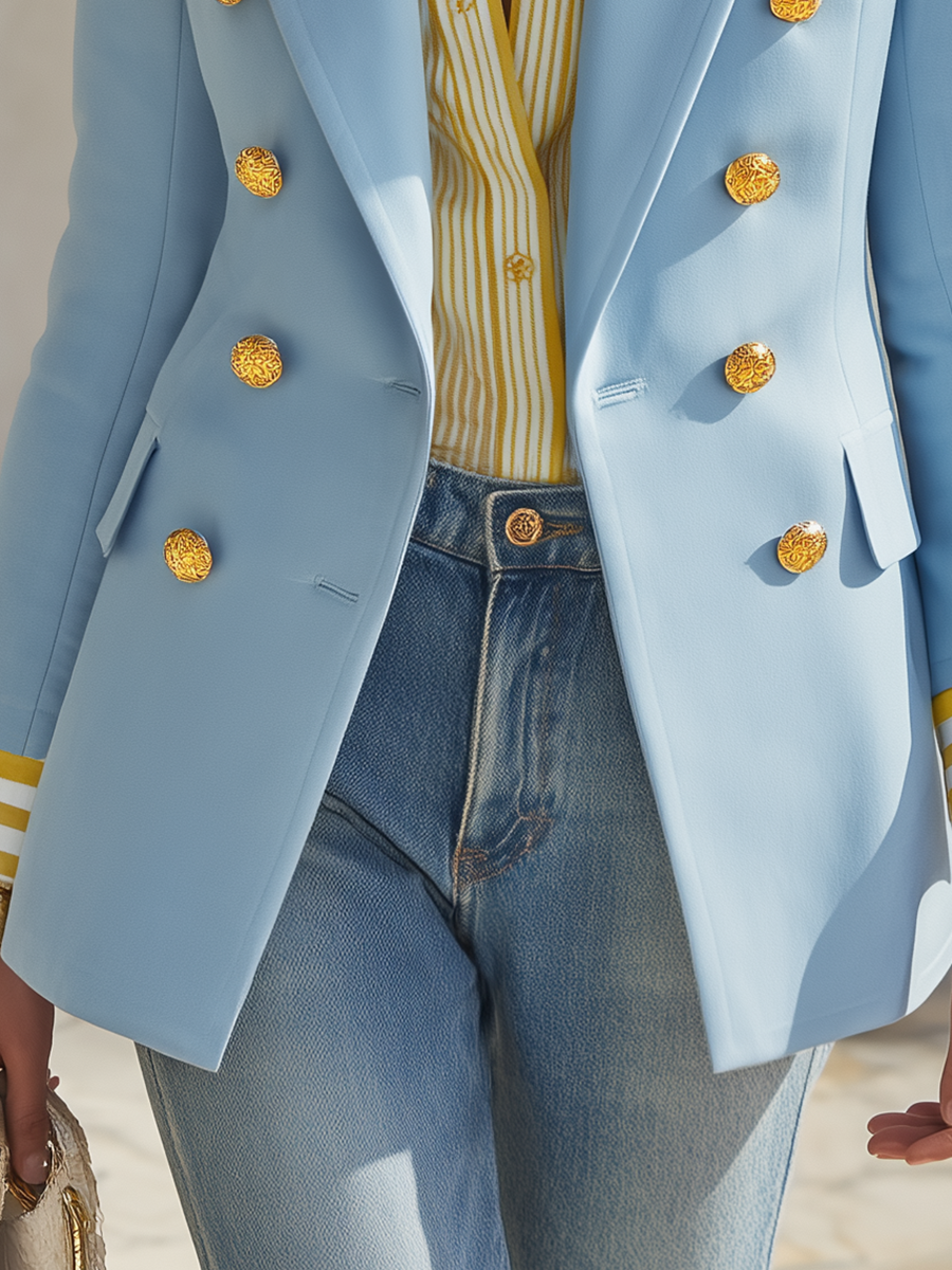 Resort-style Collared Contrasting Stripes Blazer