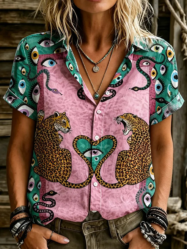 Women's Bohemian Mediterranean Style Short-sleeve Shirt With Two Leopard Plants And Floral Print