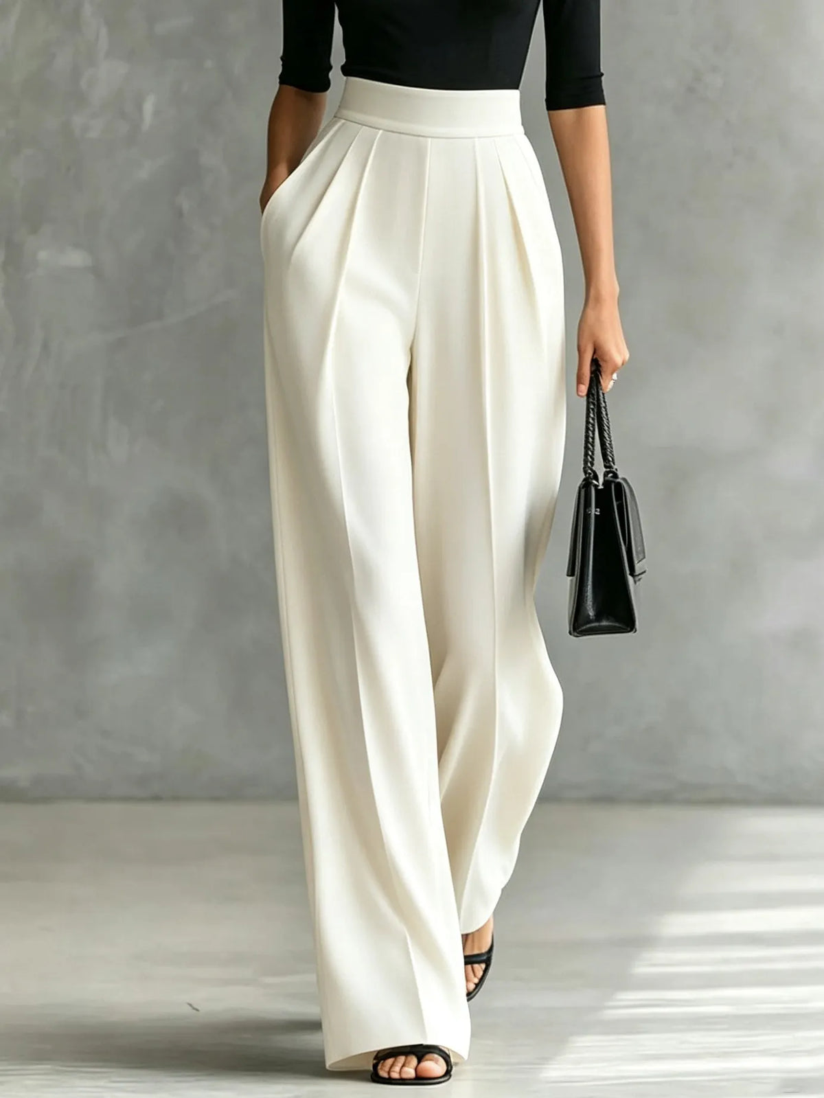 White Trim High-neck Mid-sleeved Black Top With White Wide-leg Pants Set