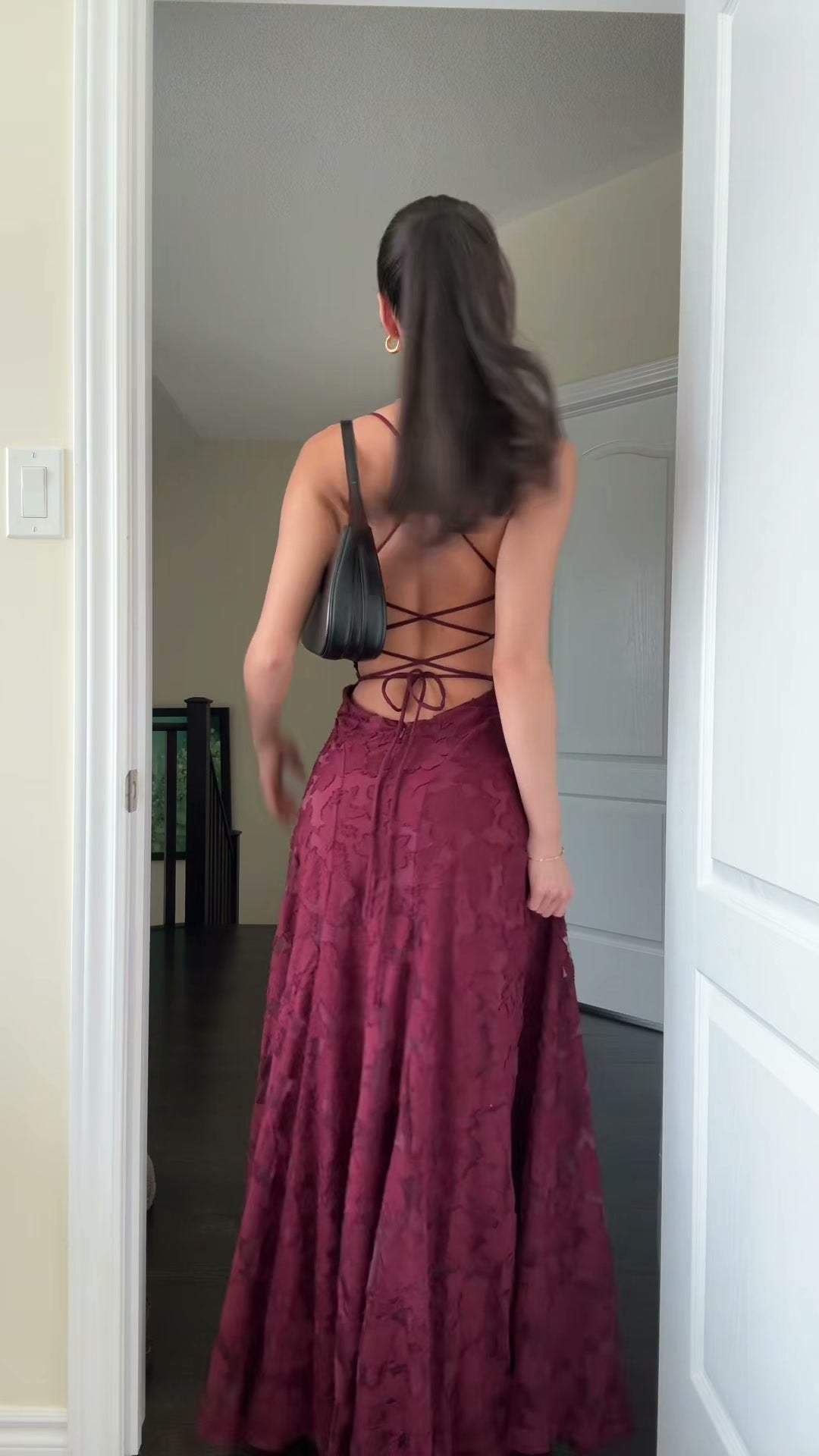 burgundy-jacquard-lace-up-gown-strapless-fit-and-flare-maxi-dress