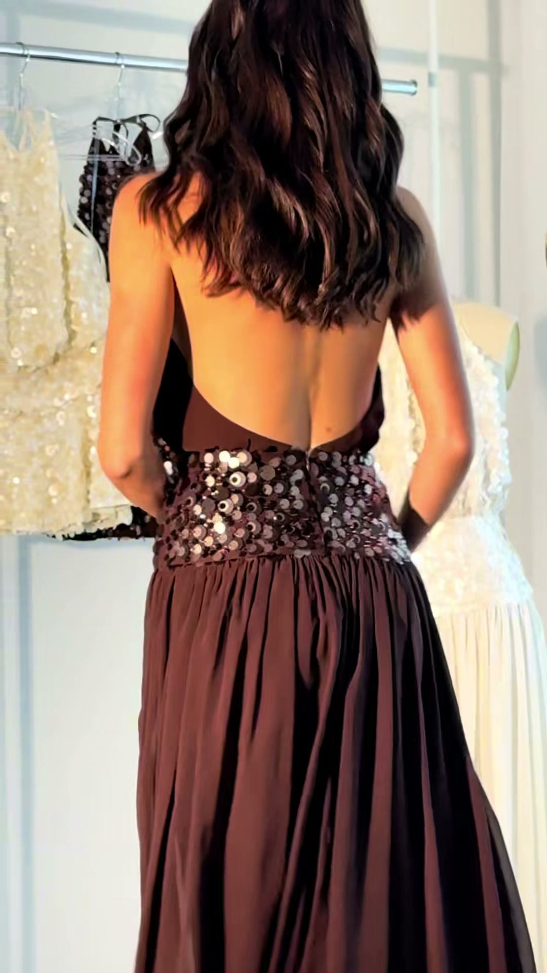 chocolate-brown-halter-gown-sequin-waist-pleated-maxi-dress-with-slit