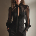 Black Lace And Satin Sheer Long Sleeve Blouse With Deep V-Neck And Bow Tie Detail
