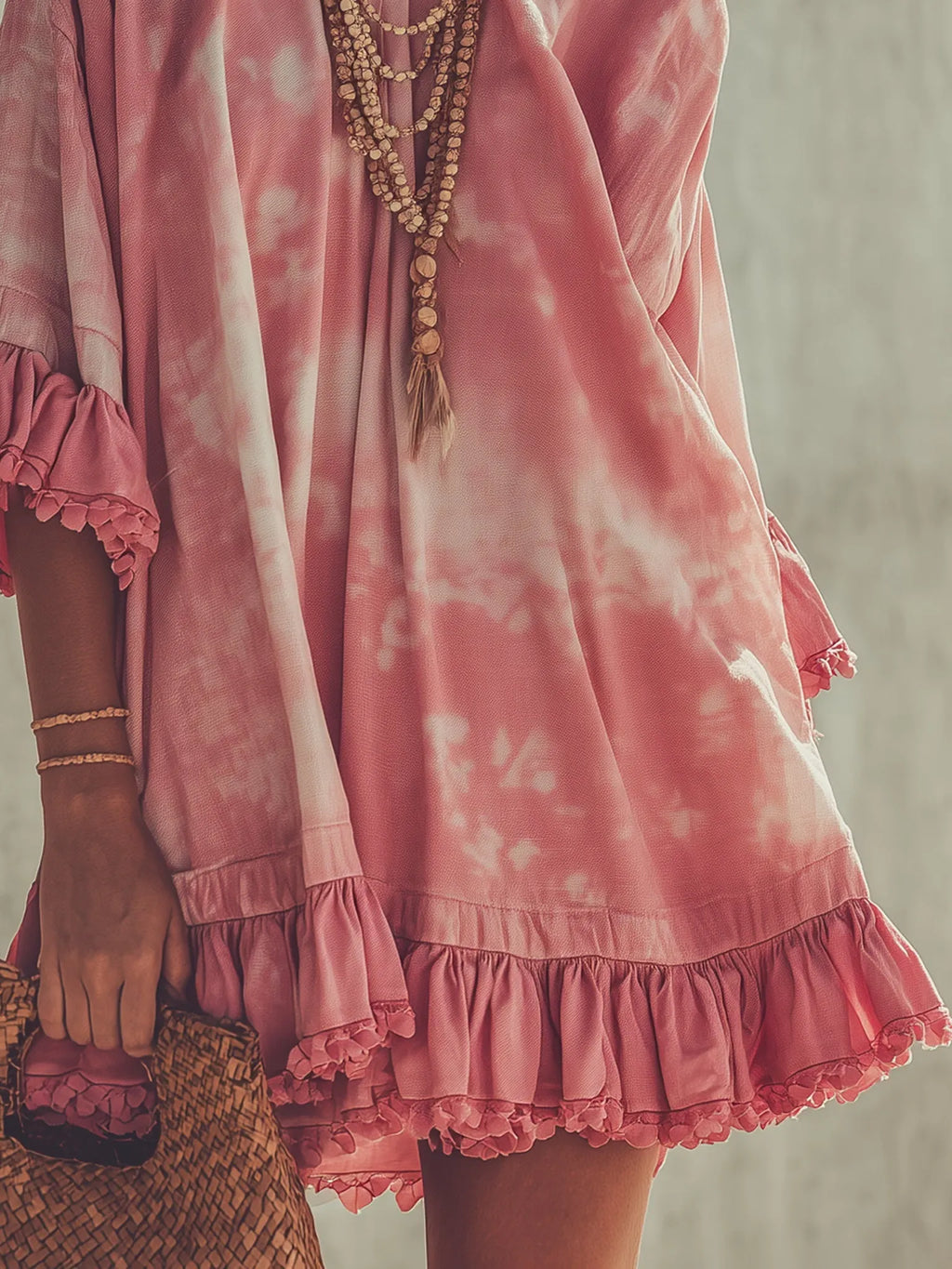 Pink Tie-Dye Print Ruffled Loose Mini Dress