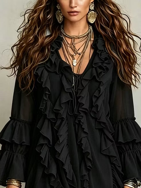 Black V-neck Layered Ruffled Bell Sleeve Chiffon Mini Dress
