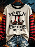 Women's Retro Witch Letter Striped Print Crew Neck Sweatshirt