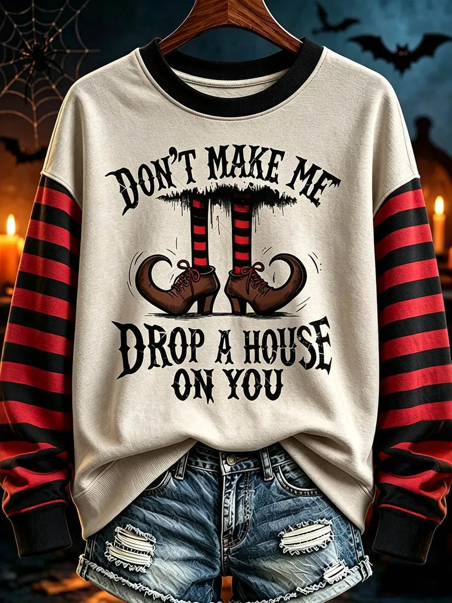 Women's Retro Witch Letter Striped Print Crew Neck Sweatshirt