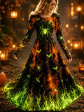 Women's Casual Long-sleeve Maxi Dress - Halloween Spider, Spiderweb, Bats & Green Flames Print