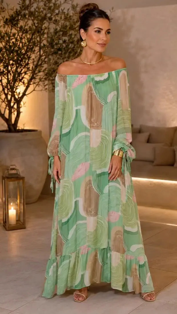 ## Abstract Print Off‐Shoulder Maxi Dress