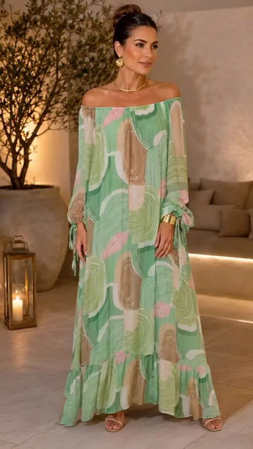 ## Abstract Print Off‐Shoulder Maxi Dress