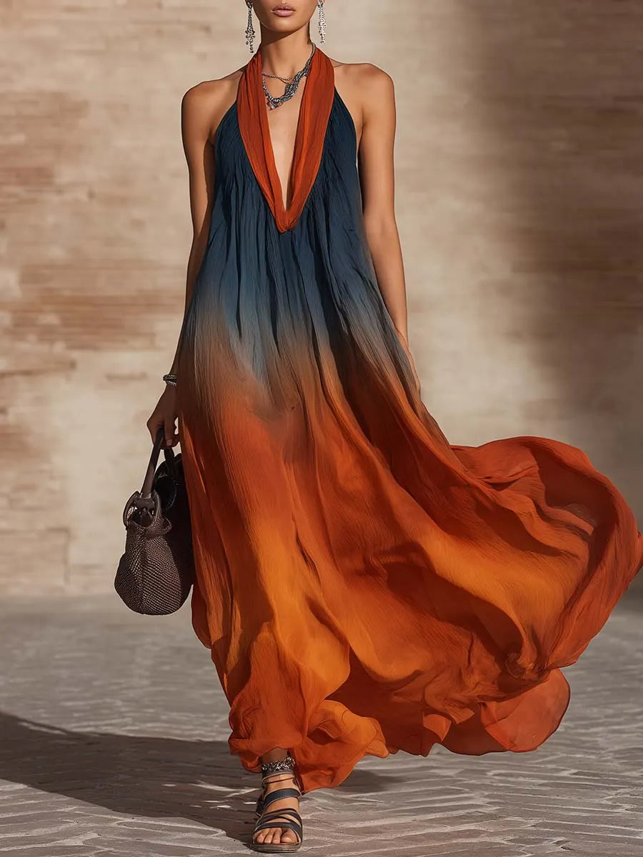 Elegant Halter Neck Gradient Loose Maxi Dress