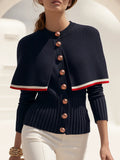 Chic Old Money Contrast-Trimmed Shawl Collar Navy Knit Sweater