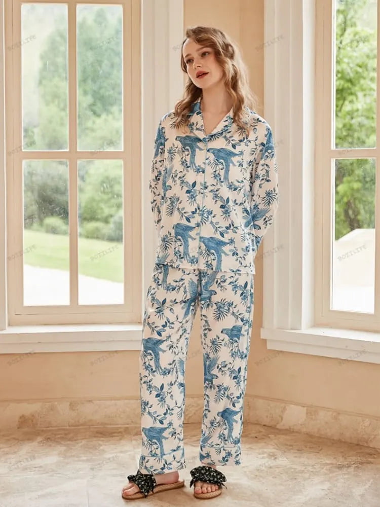 Parrot Print Ice Silk Long-Sleeve Pajama Loungewear Set