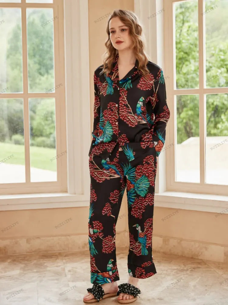 Bird of Paradise Pattern Ice Silk Long Sleeve Pajama Set